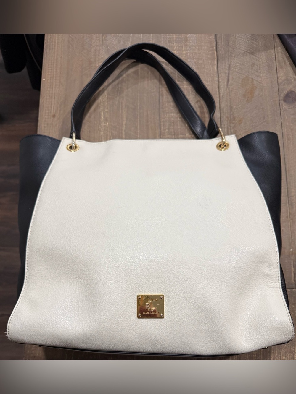 Lauren Ralph Lauren Colorblock Pebbled Leather Tate Tote Bag (Cream and Black)
